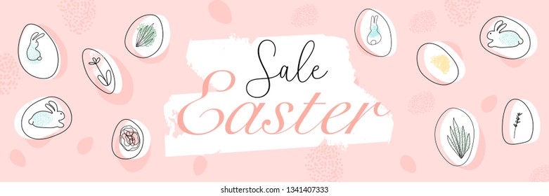 Creative unusual unique artistic hand drawn header with Easter eggs and different floral and animals doodle shapes. Cute Happy Easter cartoon banner for social media, advertising, nursery, invitation