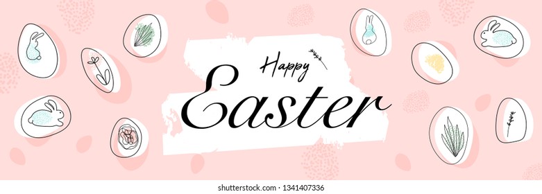 Creative unusual unique artistic hand drawn header with Easter eggs and different floral and animals doodle shapes. Cute Happy Easter cartoon banner for social media, advertising, nursery, invitation
