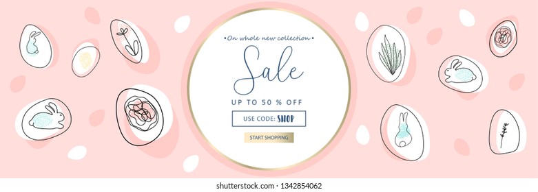 Creative unusual unique artistic hand drawn header with Easter eggs and different floral and animals doodle shapes. Cute Happy Easter cartoon banner for social media, advertising, nursery, invitation