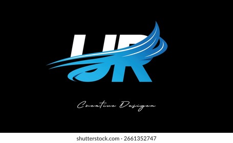 Creative UR Initial Letter Logo with Blue Wave Elements. Modern Creative Branding Design on Black Background