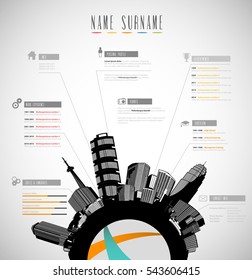 Creative urban Curriculum Vitae resume template with skyscrapers cityscape - light version