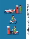 Creative urban transportation infographics abstract character using city public bicycle sharing system vector concept. Woman taking bike from the station, traveling and leaving it at empty station