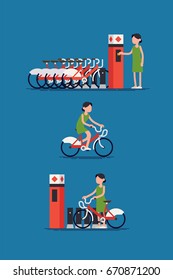 Creative urban transportation infographics abstract character using city public bicycle sharing system vector concept. Woman taking bike from the station, traveling and leaving it at empty station