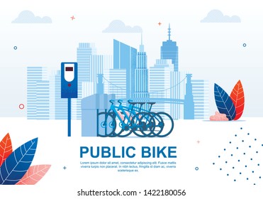 Creative Urban Transportation, Public Bike Cartoon Flat Banner Vector Illustration. Using Sharing System Concept. Taking Transport Vehicle from Station, Traveling around City or Town.