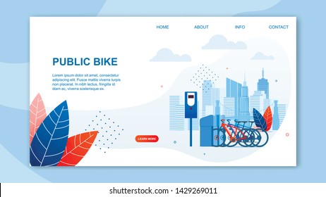 Creative Urban Transportation Web Design. Public Bike Cartoon Flat Banner Vector Illustration. Using Sharing System Concept. Taking Transport Vehicle from Station, Traveling. Ecological Type.