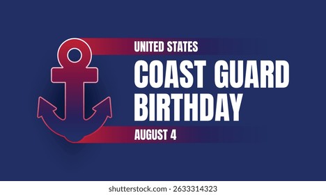 Creative US Coast Guard Birthday poster design with red anchor and white bold text on deep blue background. Perfect for celebrating August 4th with patriotic spirit.
