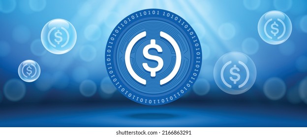 Creative USD Coin (USDC) Crypto Currency Coin With Symbol Of The Virtual Electronic Cash. Vector Illustration Template For Banners, Web Backgrounds And Wallpaper Design. 