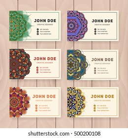 Creative useful business name card design. Vintage colored Mandala design for personal name card, visiting card or tag. Round ornament vector illustration.