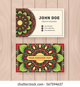 Creative useful business name card design. Vintage colored Mandala design for personal name card, visiting card or tag. Round ornament vector illustration.