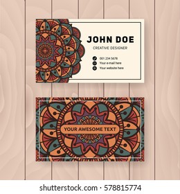 Creative useful business name card design. Vintage colored Mandala design for personal name card, visiting card or tag. Round ornament vector illustration.