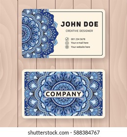 Creative useful business name card design. Vintage colored Mandala design for personal name card, visiting card or tag. Round ornament vector illustration.