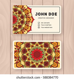 Creative useful business name card design. Vintage colored Mandala design for personal name card, visiting card or tag. Round ornament vector illustration.