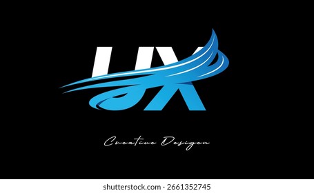 Logotipo de letra inicial Creative UX com elementos de onda azul. Design moderno de marca criativa sobre fundo preto