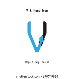 Creative V- alphabet icon abstract and hands icon design vector template.Business offer,partnership,hope,support or help concept.Corporate business and industrial logotype symbol.Vector illustration