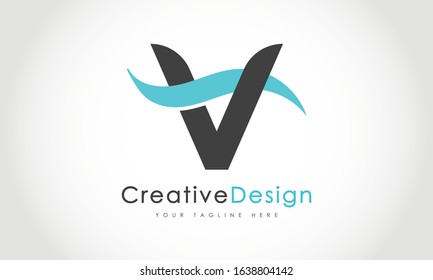 Creative V Letter Logo Design with Water Splash Ocean Blue Wave Vector Icon Symbol Illustration.