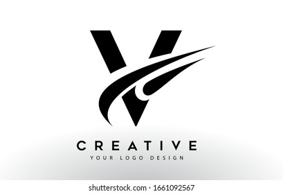 Creative V Letter Logo Design with Swoosh Icon Vector Illustration.