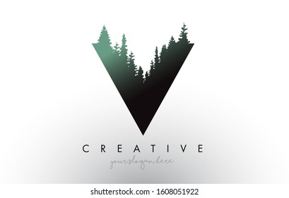 Creative V Letter Logo Idea With Pine Forest Trees. Letter V Design With Pine Tree on TopVector Illustration.