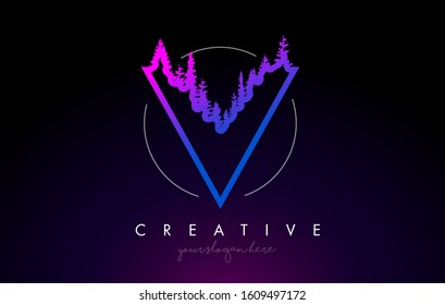 Creative V Letter Logo Idea With Pine Forest Trees. Letter V Design With Pine Tree on TopVector Illustration.