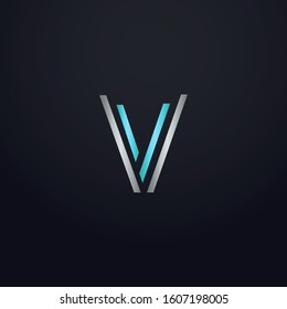 Creative V letter with maze linear style. Modern logo symbol for business corporate. Blue and white logo on blue dark background. Square shape, colorful, linked and technology. Unusual design vector.