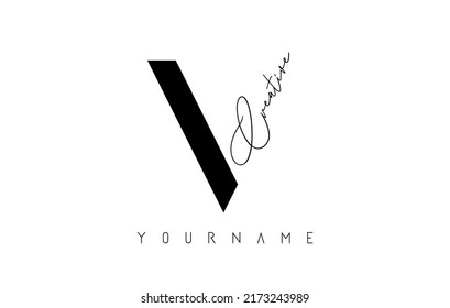 Creative V-Logo mit Schnitten und handgeschriebenem Text-Design. Buchstabe mit geometrischem Design. Vektorgrafik mit Buchstaben und kreativem Schnitt.
