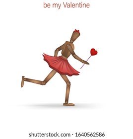 creative valentine card, be my valentine idea, realistic wooden marionette woman running with red heart isolated on the white background, vector