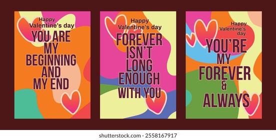 Creative Valentine Cards Featuring Red Hearts and Elegant Designs. A set of Valentine’s Day greeting card with sample text, red hearts and abstract backgrounds templates vector illustration. 