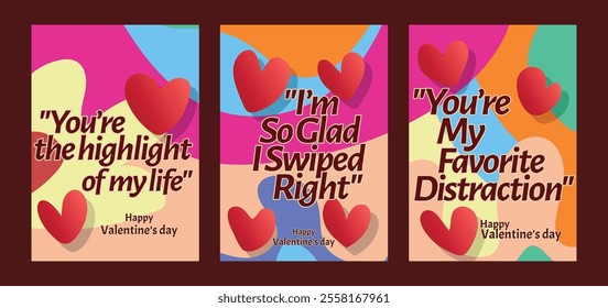 Creative Valentine Cards Featuring Subtle Heart Accents. A set of Valentine’s Day greeting card with sample text, red hearts and abstract backgrounds templates vector illustration. 