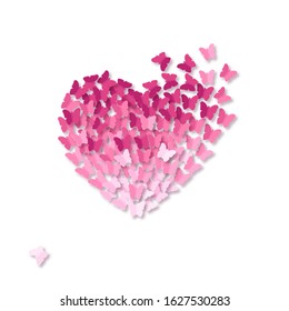 Creative Valentine Day card. Heart made of pink butterflies. Holiday invitation poster, card. Paper cut out digital craft style. Carving art. Vector illustration on white background