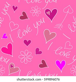 Creative Valentine style seamless pattern. Print card, cloth, clothing, wrapping, fabric, gift, banner, poster, greeting, print. Seamless hearts and chamomile pattern in pink, white and magenta colors