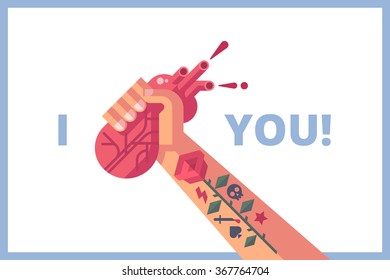 Creative Valentines card: man with tattoo is holding a his heart in hand. Unusual creative valentine card. Vector illustration in flat design.