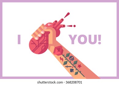 Creative Valentines card: man with tattoo is holding a his heart in hand. Unusual creative valentine card. Vector illustration in flat design.