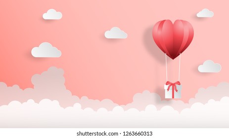 Creative valentines day background vector illustration paper cut style 2019 color trend. Heart shape balloon and cloud on pink background for wallpaper, sale offer, web banner, poster, flyer, leaflet.