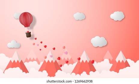 Creative valentines day background vector illustration paper cut style. Hot air balloon flying over mountains and cloud on pink background. Wallpaper, sale offer, web banner, poster, flyer, leaflet.