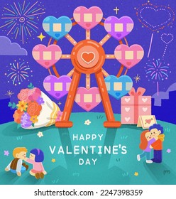 Creative Valentines day card. Couples having date on hill with heart carriage Ferris wheel, bouquet, gift and love letter. With firework in the night sky.