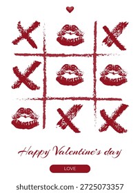 Kreatives Valentinstag-Kartendesign mit einem Tic-Tac-Toe-Spiel mit Lippenabdrücken
mit rotem Lippenstift. Isolierte Vektorgrafik
