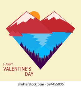 Creative Valentine's day card. Heart with mountains landscape.
