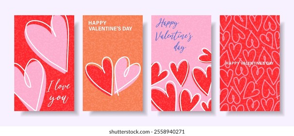 Creative Valentine's Day Card Set. Modern design with hearts and contemporary typography. Templates for celebration, advertising, banner, cover, label, poster, sales