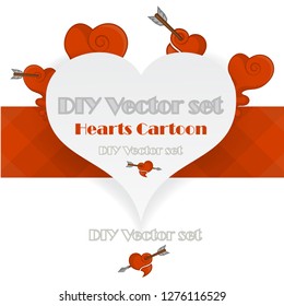Creative Valentines Day Card template, vintage tattoo style hand drawing cartoon hearts  in white and red color, with paper craft, elegant classic color and clean design concept for web and print. 