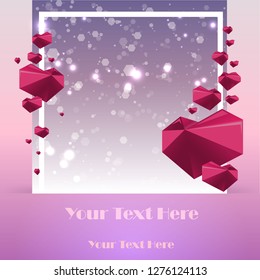 Creative Valentines Day Card template with geometric polygonal hearts with bokeh in pink and  violet colors, paper craft, elegant futuristic design, vector backdrop modern concept for web and print. 