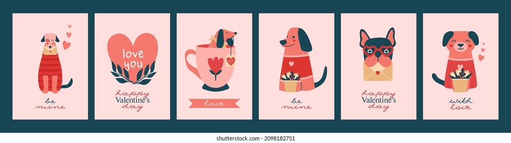 Creative Valentine's Day cards template with cute illustrations of different dogs, puppies, envelopes, mail, hearts, bouquet of flowers, labels. Set of vector elements in flat romantic style.