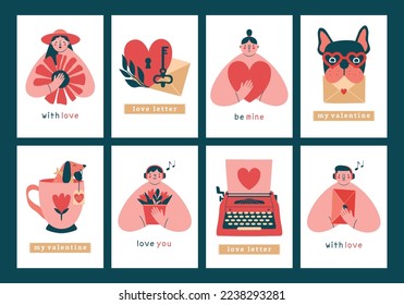 Plantilla creativa de tarjetas de San Valentín con adorables ilustraciones de personas de dibujos animados, perros, sobres, máquina de escribir, corazones, flores, etiquetas. Personajes de sexo masculino y femenino con saludos en estilo plano moderno