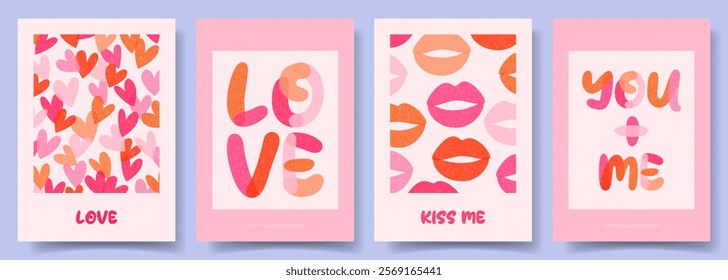 Creative Valentine's Day cards. Trendy vector minimalist posters with colorful typography design, hearts and lips for Valentine's Day party, banner, ads, branding, poster, cover, sale, social media.