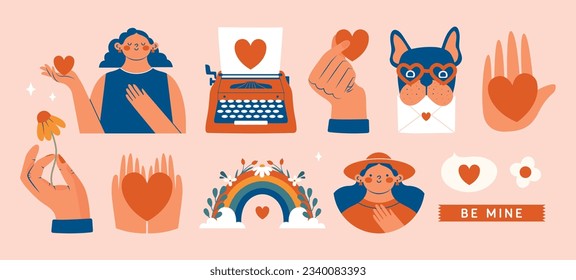 Creative Valentine's Day cliparts. Romantic modern vector illustrations with women, girl holding heart, hand holding flower, french bulldog holding love mail, vintage typewriter with page, rainbow. 