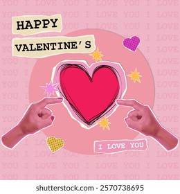 Creative Valentine's Day collage featuring hands pointing at a bold heart with playful elements, expressing love and affection.