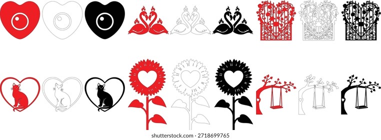 Creative valentines day graphics featuring heart sunflower silhouette cat in heart and romantic swing under tree vector set for holiday celebration cards and web design illustrations