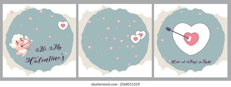 Creative Valentine's Day Illustration, Cute Cupid Valentine’s Day Poster Set Design with Heart Icons and Love Message