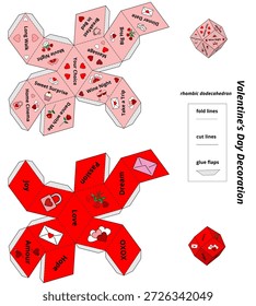 Colección artesanal de papel creativa del día de San Valentín (conjunto B) con dos Plantillas de dodecaedro rómbicas distintas. Un diseño es una caja de regalo romántica clásica, mientras que el otro es una "caja de deseos" interactiva con 12 deseos y mensajes románticos diferentes en sus facetas. Cuenta con 12 Instrucciones románticas únicas que incluyen: Cena, noche de vinos, desayuno en la cama, su elección y muchos más. Una forma lúdica y decorativa de celebrar el amor y sorprender a tu pareja. El archivo incluye una leyenda clara con líneas de corte, líneas de pliegue y solapas de pegamento para un fácil montaje, junto con iconos 3D estilizados. Todo el texto se convierte en curvas (delineadas). Fuente utilizada: Open Sans (Bold) – disponible de forma gratuita a través de las Fuentes de Google.