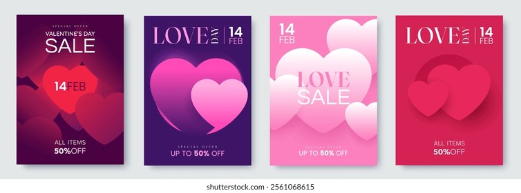 Creative Valentine's Day Posters collection. Love sale banners with hearts and space for text. Tender romantic cards. Ideal for flyer, social media. Vector illustration.