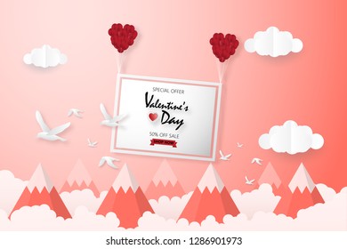 Creative valentines day sale background. Group of hot air balloon paper cut style floating over mountain with clouds and birds background. Vector illustration digital paper craft. Color trend. Flyers.