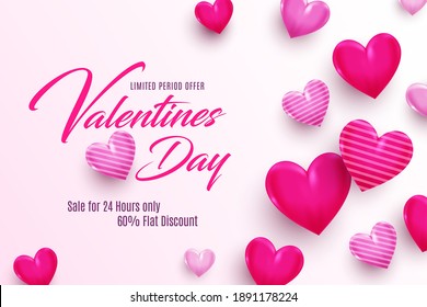 Creative Valentines day Sale background with different types of hearts on gradient pink background. Vector illustration. Wallpaper, flyers, invitation, posters, brochure, banners.
